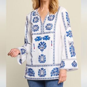 Soft Surroundings Vera Tunic Plus Size Medium Blue Chinoiserie Boho Cotton